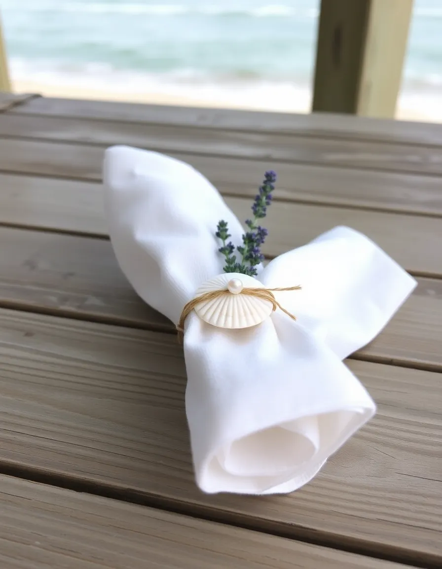 A crisp white linen napkin folded neatly and secured with a delicate scallop shell napkin ring. A sprig of lavender and a tiny pearl are tucked into the twine wrapping, adding a touch of romance. The napkin rests on a weathered wooden table with a glimpse of the ocean beyond.
