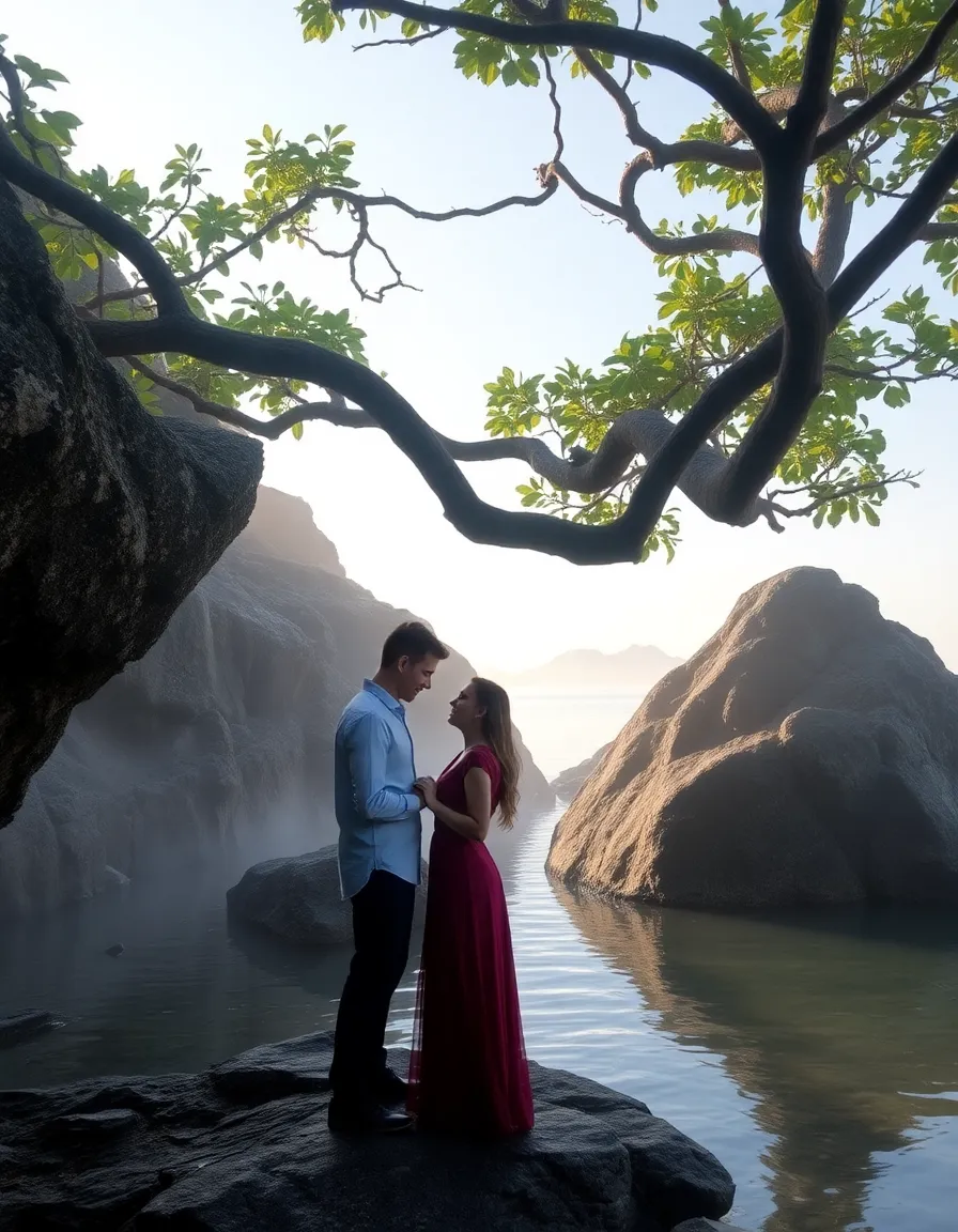 A couple exchanging rings under the curved branches of a takamaka tree at Anse Lazio, with early morning mist still clinging to the granite boulders. The water is so still it looks like glass.