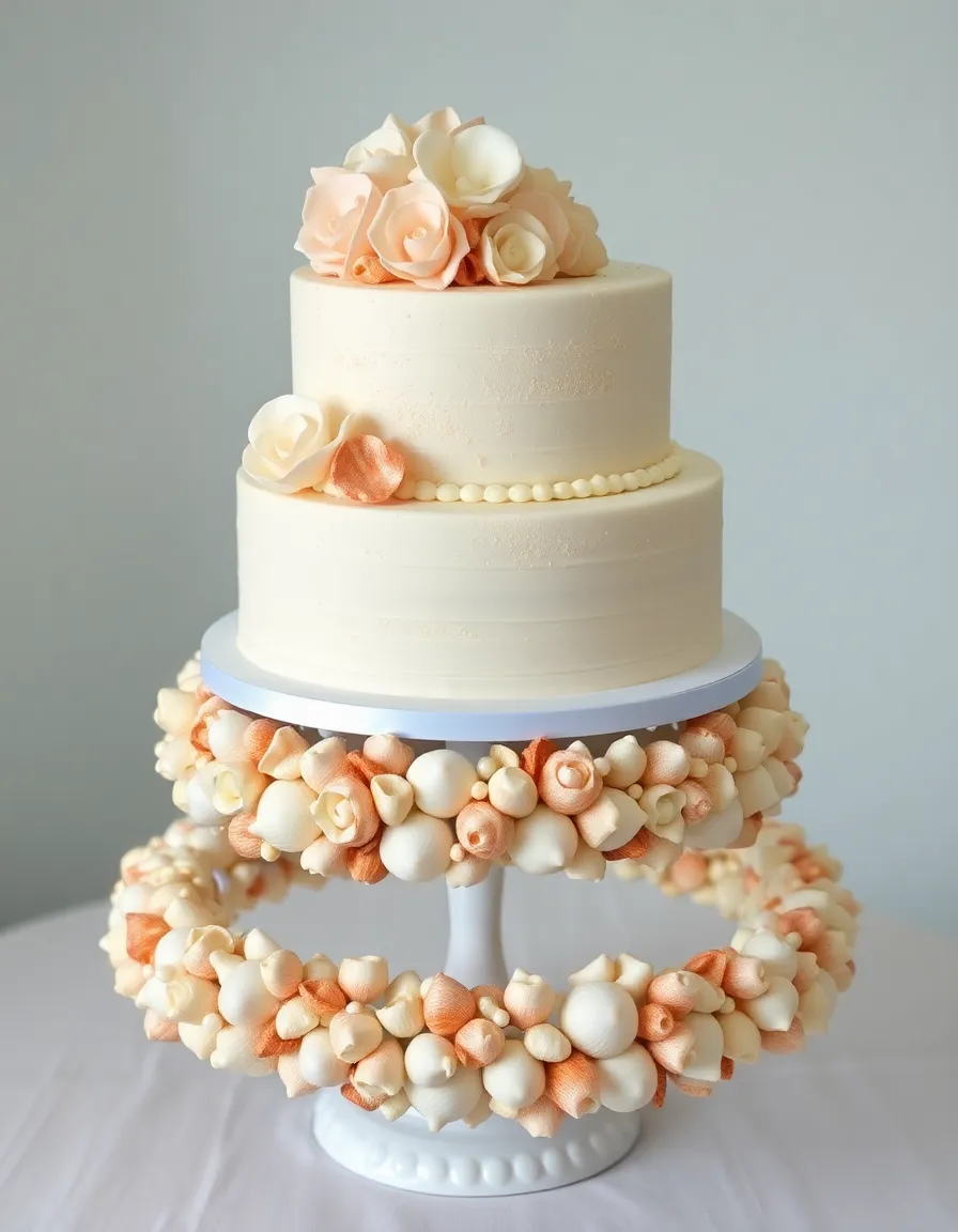 A stunning wedding cake displayed on a tiered cake stand adorned with clusters of seashells and pearls. The shells are hot-glued around the edges of each tier, adding a coastal touch. The cake itself features delicate sugar flowers and a dusting of edible gold.