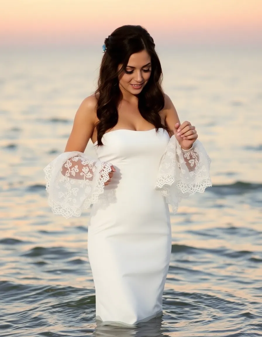 A bride removing her delicate lace sleeves while standing in shallow water, the fabric floating around her wrists. The strapless dress beneath is simple and sleek, contrasting with the ornate sleeves. The sunset paints the sky in peach tones.