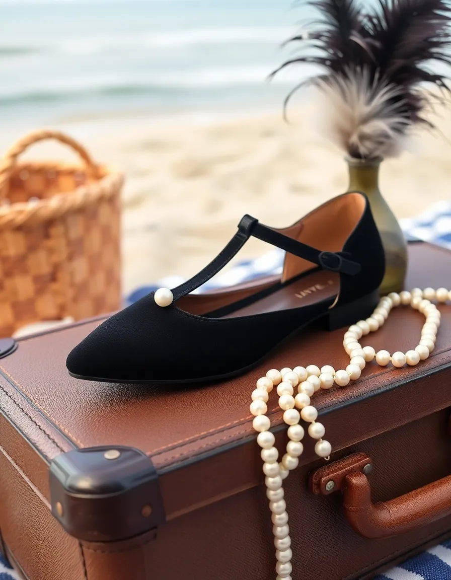 Black T-strap flats with a small pearl accent, positioned on a vintage suitcase with a string of pearls and a feathered hairpiece nearby. The setting mimics a 1920s beach picnic, with soft focus on the ocean in the distance.