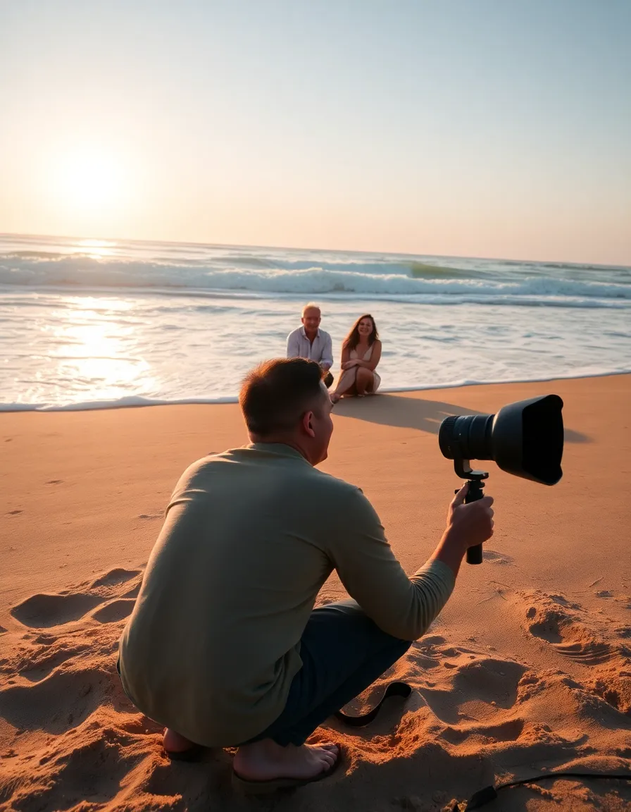A photographer crouching in the sand, capturing a couple mid-laugh as the waves roll in behind them. The sun is low in the sky, casting a golden glow over the scene, and the photographer’s camera is fitted with a lens hood to combat glare.