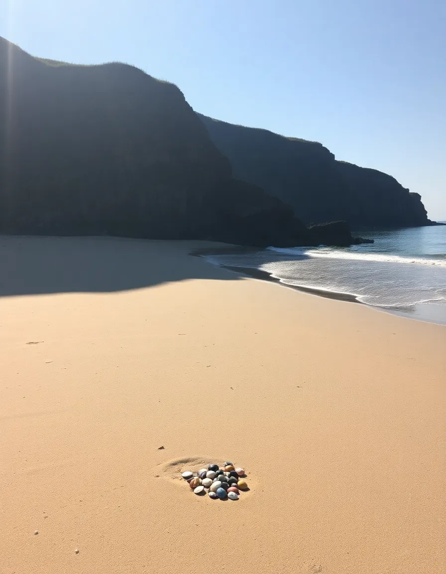 A peaceful morning at Shell Beach, with sunlight filtering through the cliffs onto the empty sand. A small pile of colorful shells sits near the tide line, and the ocean is calm and glassy.