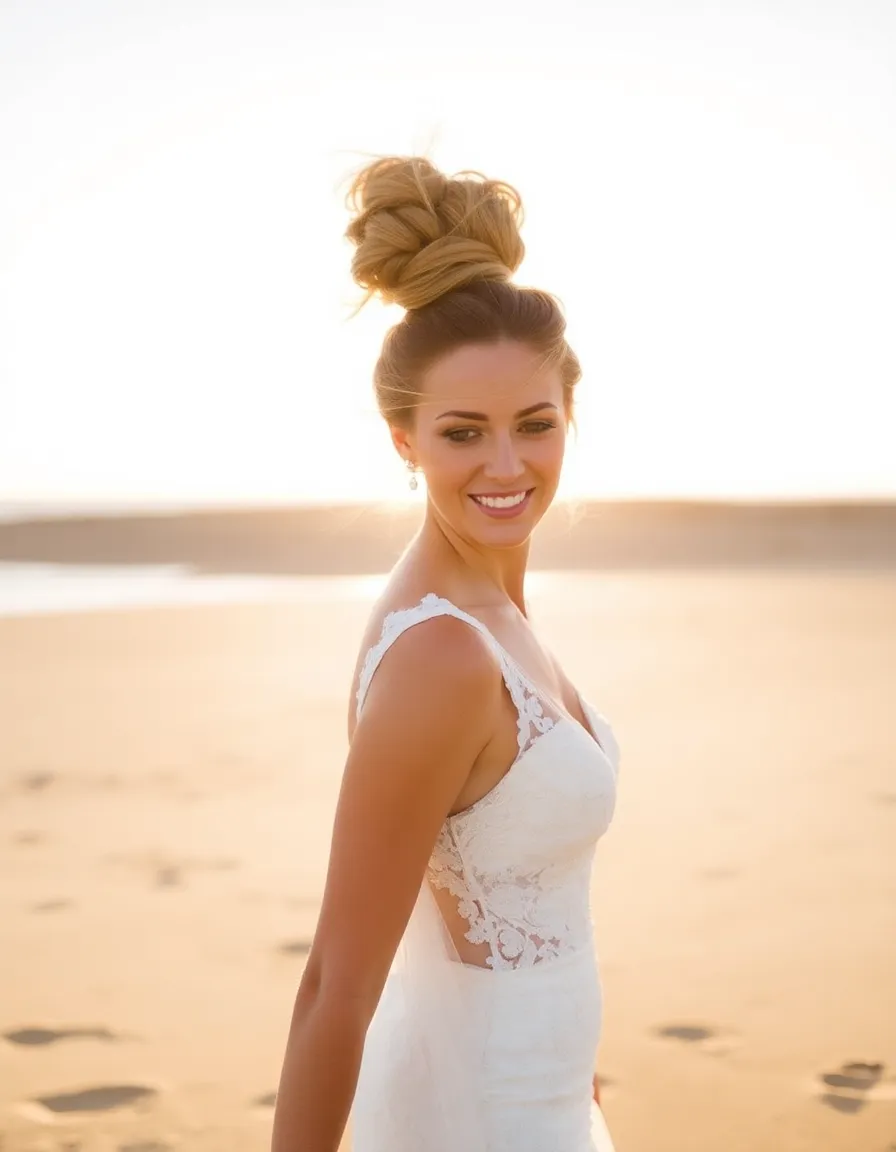 A bride with a high, textured top knot, a few wispy strands blowing around her face as she walks along the shoreline. The sun sets behind her, casting long shadows on the sand.