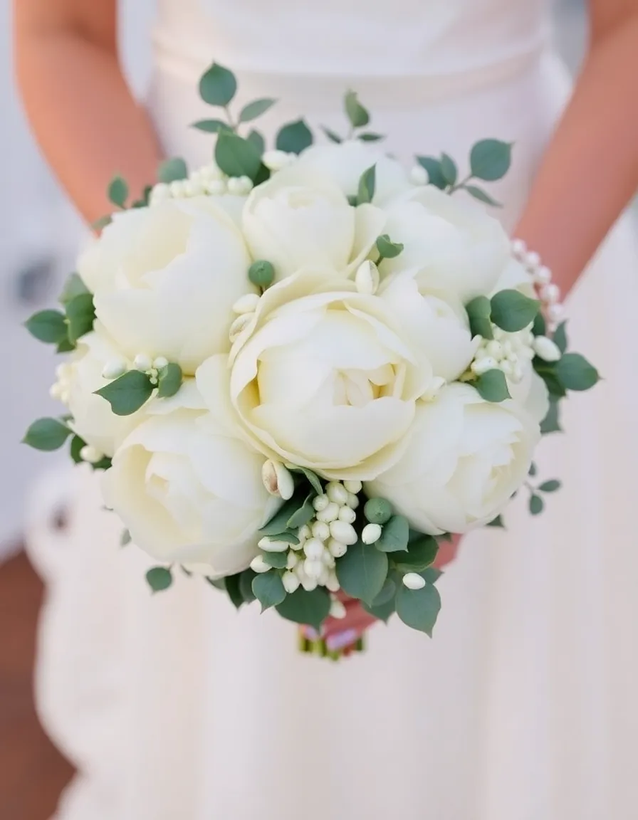 A close-up of a bridal bouquet featuring white peonies and eucalyptus, with small pearlescent seashells woven throughout. The shells catch the light, adding a subtle shimmer. The bride’s hands, adorned with a delicate pearl bracelet, cradle the bouquet against a flowing ivory dress.
