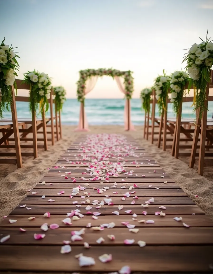 A beach wedding aisle made of wooden planks, leading to a floral arch. The planks are adorned with scattered petals, and the ocean glows in the background.
