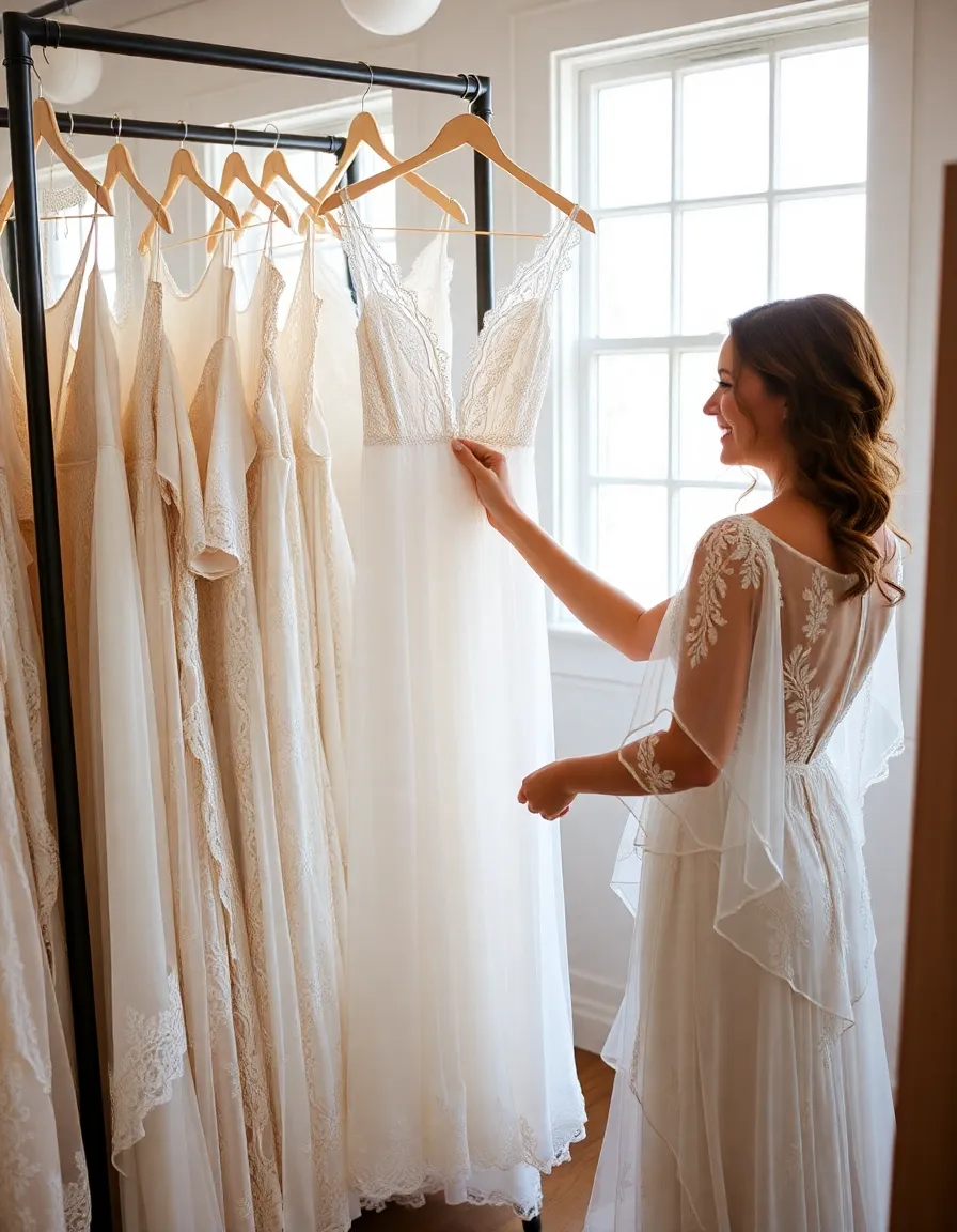 A rack of boho-inspired wedding dresses in a boutique, with natural light streaming through the windows. A bride holds up a sheer, lace-detailed gown similar to Eva’s, smiling as she admires it in the mirror.