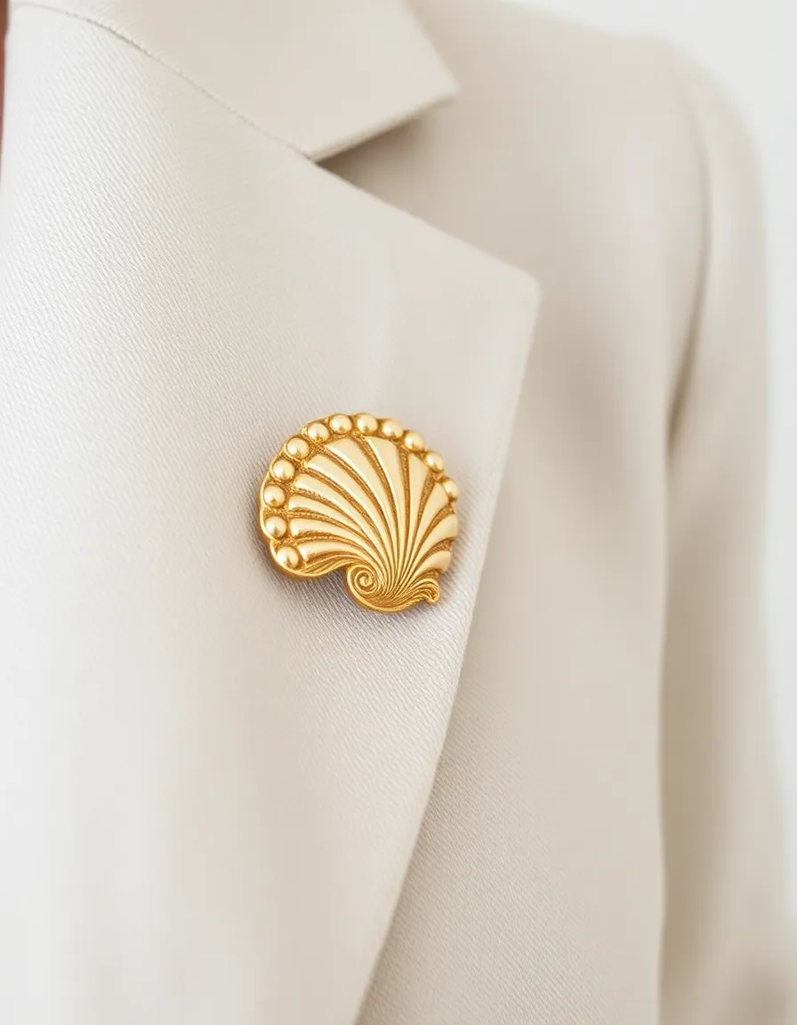 A close-up of a vintage-inspired seashell brooch pinned to the lapel of a light linen blazer. The brooch is intricately detailed, with a slightly aged gold finish for a timeless look.