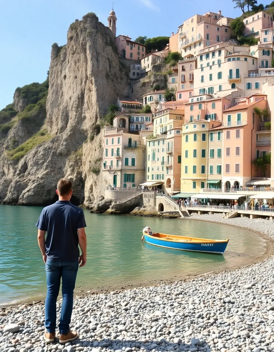 A couple standing on Furore’s pebble beach, surrounded by towering cliffs covered in pastel buildings. A single rowboat floats in the emerald-green water nearby.