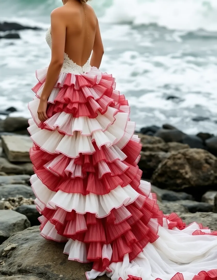 A bride in a tiered ruffle dress standing on a rocky beach, the layers of ruffles cascading around her. The ocean waves crash in the background, adding drama to the already dynamic dress.
