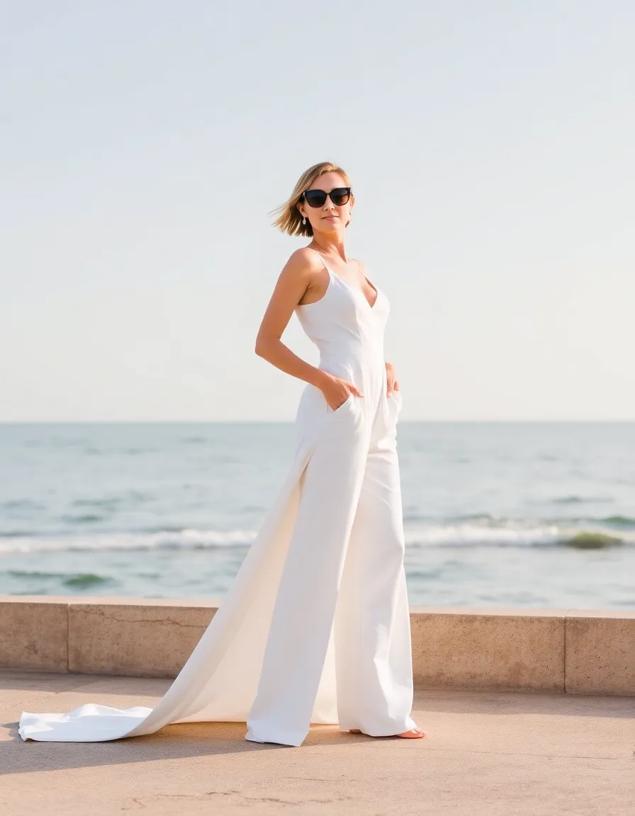 A bride striking a confident pose in a white wide-leg jumpsuit, the attached train pooling elegantly around her feet. Her hands are tucked into the pockets, and her sunglasses rest on her head. The ocean breeze tousles her short hair.