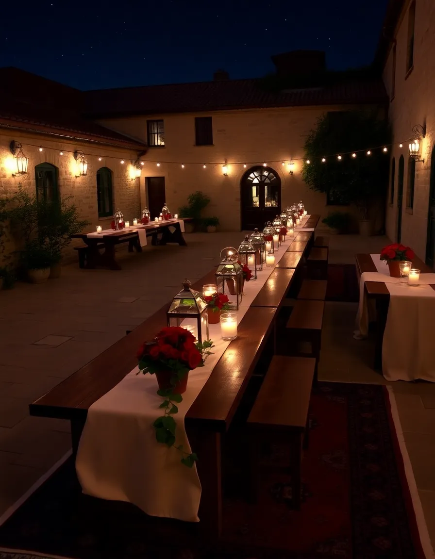 A candlelit courtyard with long wooden tables draped in ivory linens. Terracotta pots filled with red roses and trailing ivy serve as centerpieces, while wrought-iron lanterns cast a warm glow. A vintage rug in deep reds and blues adds texture underfoot, and a starry night sky completes the scene.