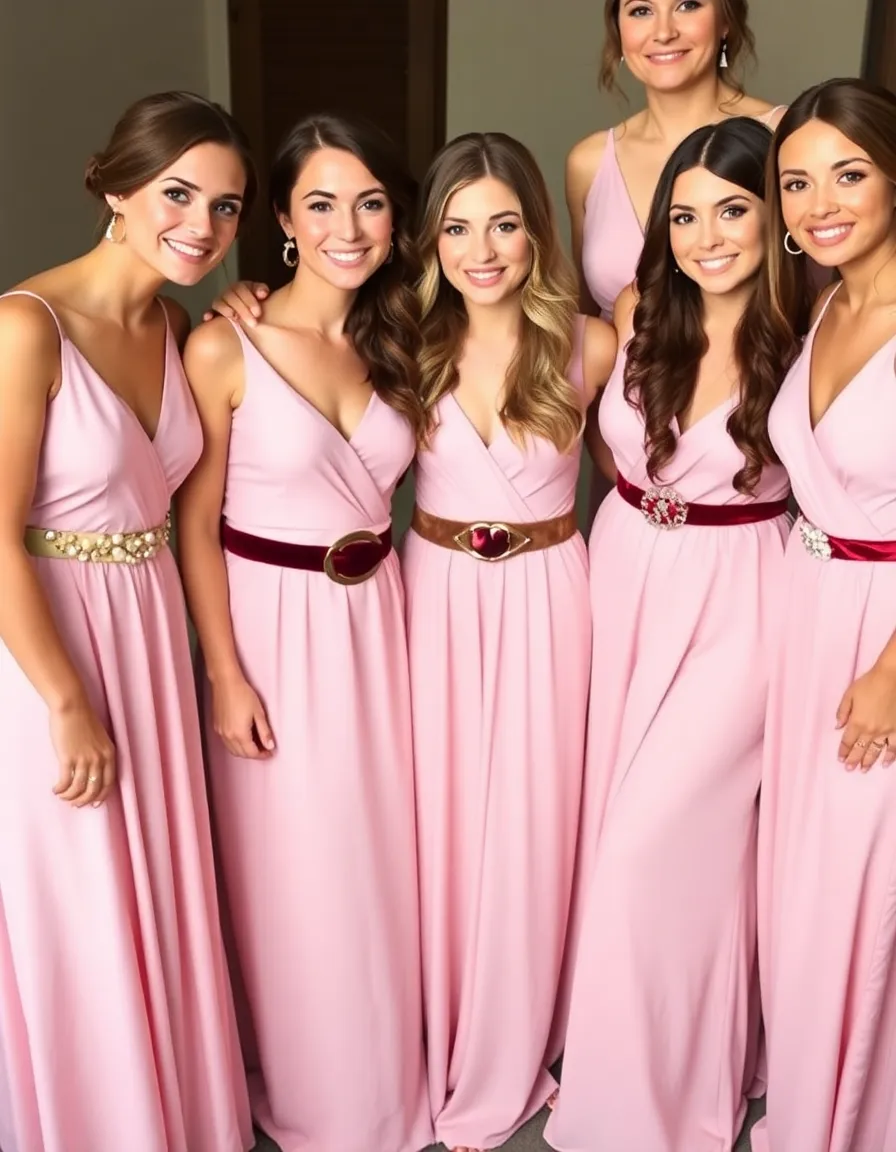 Bridesmaids in blush pink dresses, each with a different belt—gold, velvet, or pearl-embellished—posing together. The varied accessories add individuality while keeping the look cohesive.