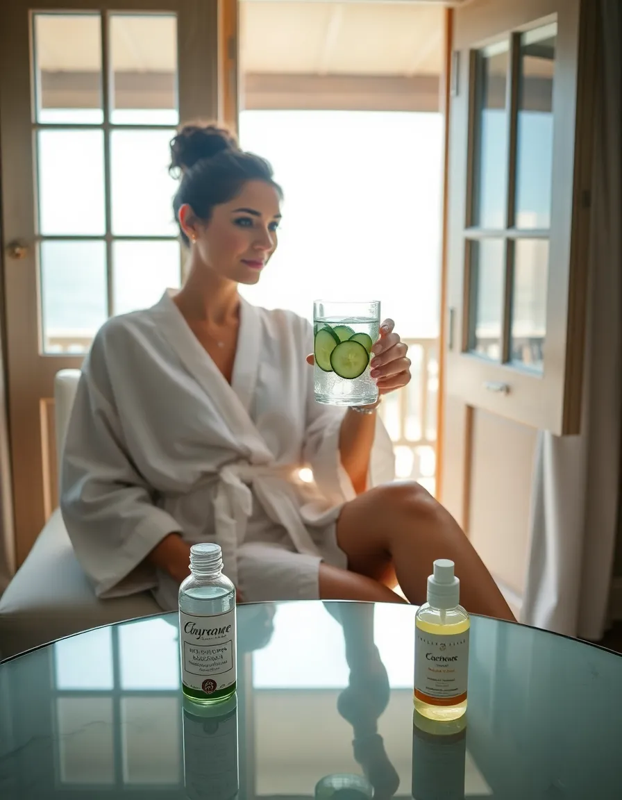 A stylish bride-to-be lounging in a breezy, white linen robe, holding a large glass of water with cucumber slices and a hydrating serum bottle on the table beside her. The ocean glimmers through an open window in the background.