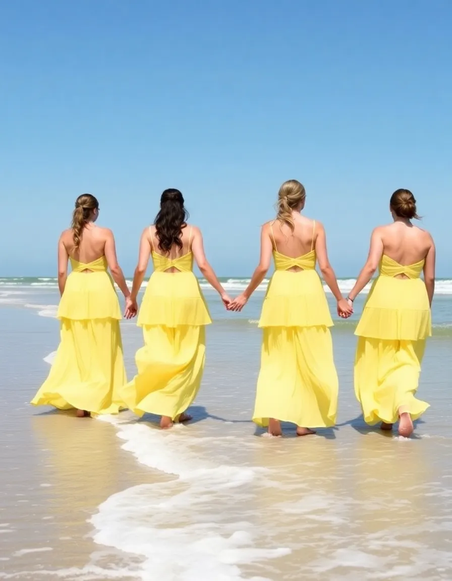 Bridesmaids in butter yellow tiered maxi dresses walking hand-in-hand along the shoreline, their skirts swaying with each step. The shallow waves foam around their ankles, and the sky is a clear, cloudless blue.
