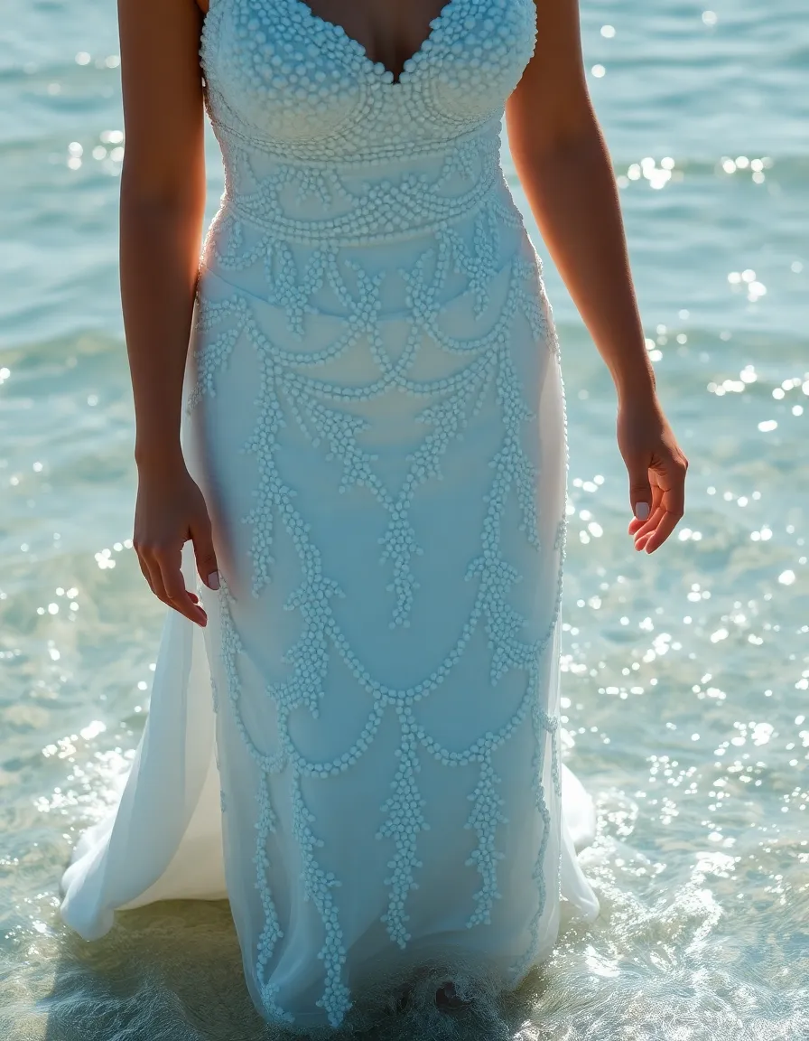 A bride in a beaded wedding dress standing in shallow water, the beads catching the sunlight as the waves lap at her feet. The ocean glitters behind her, mirroring the dress’s delicate details.