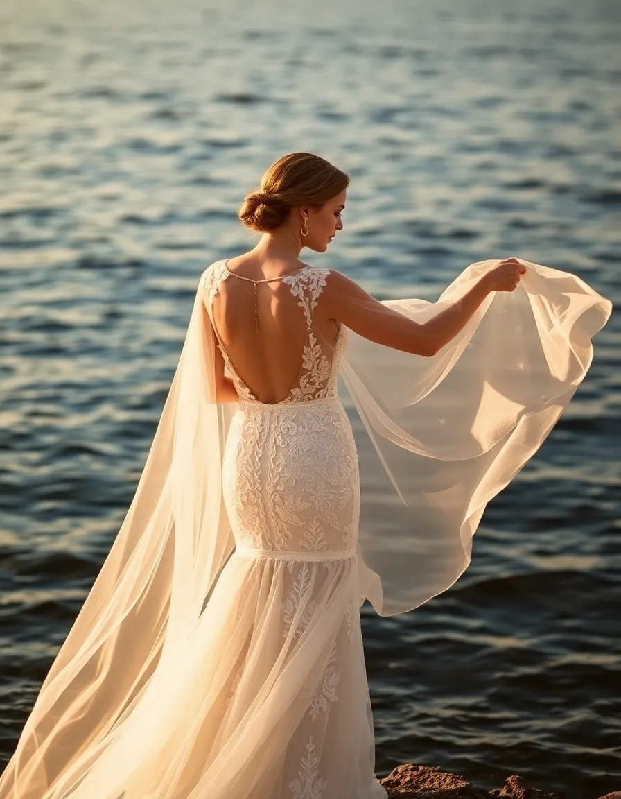 A bride in a sheer overlay gown standing at the water’s edge, the delicate fabric billowing around her. The setting sun casts a golden glow, making the embroidery sparkle like stars.