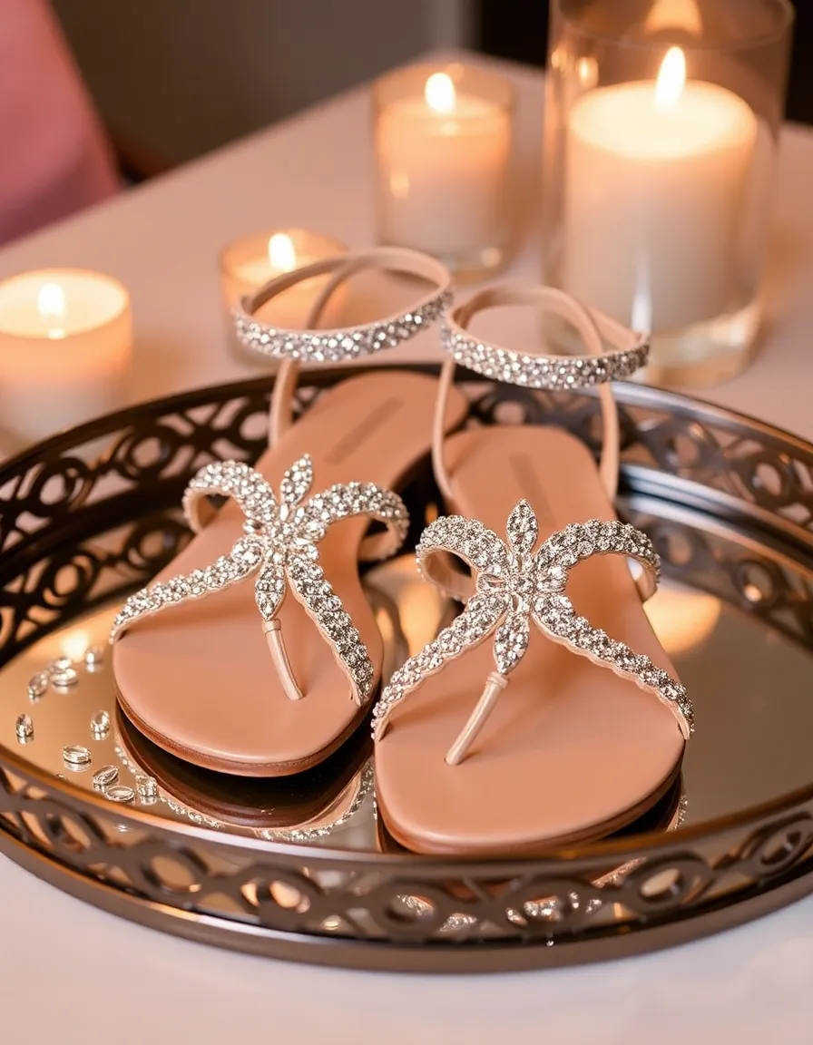 Rhinestone sandals with delicate straps, placed on a mirrored tray with a few loose rhinestones scattered around. The reflection creates a dazzling effect, with soft candlelight in the background.