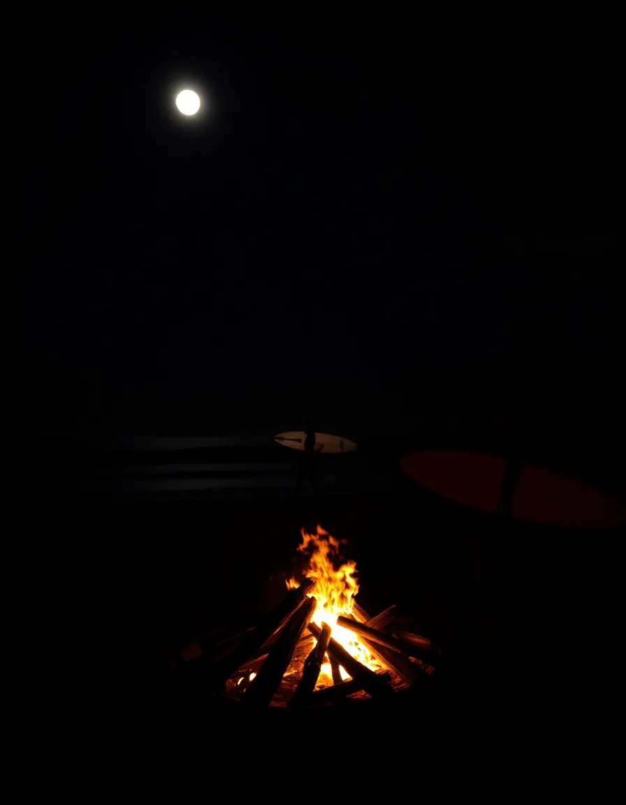 A moonlit scene at Moonlight Beach, with a bonfire crackling in the foreground and silhouettes of friends gathered around it. The ocean glows under the full moon, and a surfer walks back to their car with a board under their arm.