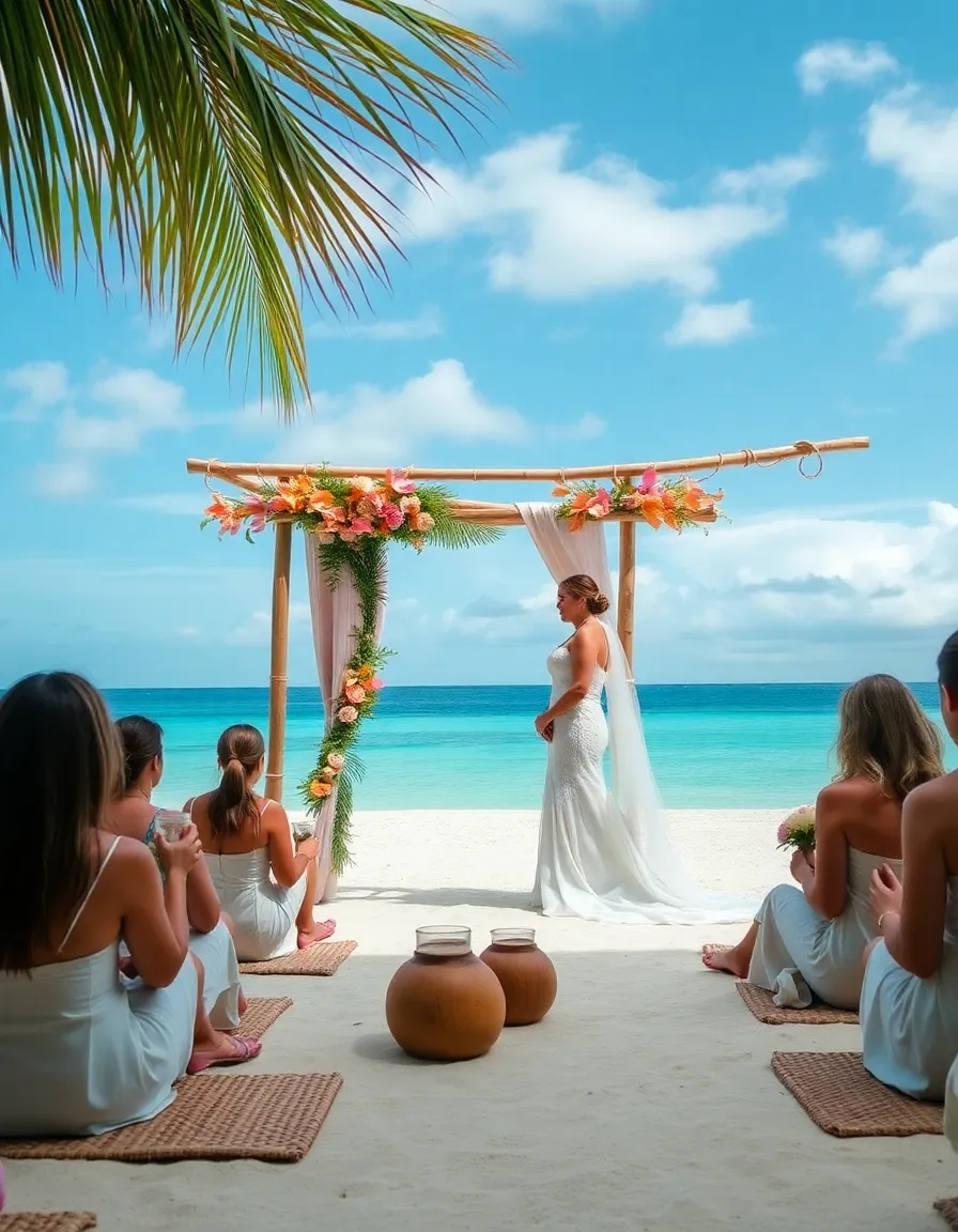 A deserted island-style wedding with bamboo archways, coconut drink cups, and a small group of guests seated on woven mats. The couple exchanges vows with nothing but ocean and sky behind them.