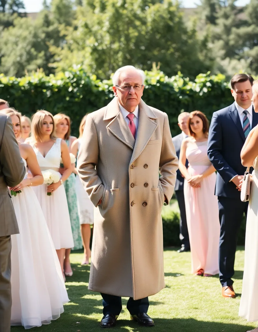 A humorous shot of a wedding guest in an overly formal winter coat standing awkwardly among guests in light summer dresses and linen suits. The background shows a sunny garden setting.