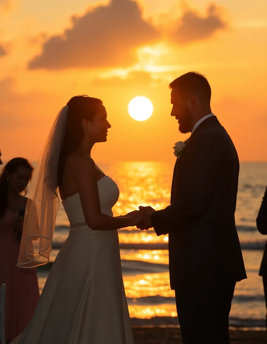A couple exchanging vows under a golden sunset, with soft light illuminating their faces. The guests are silhouetted against the colorful sky, and the ocean sparkles behind them.