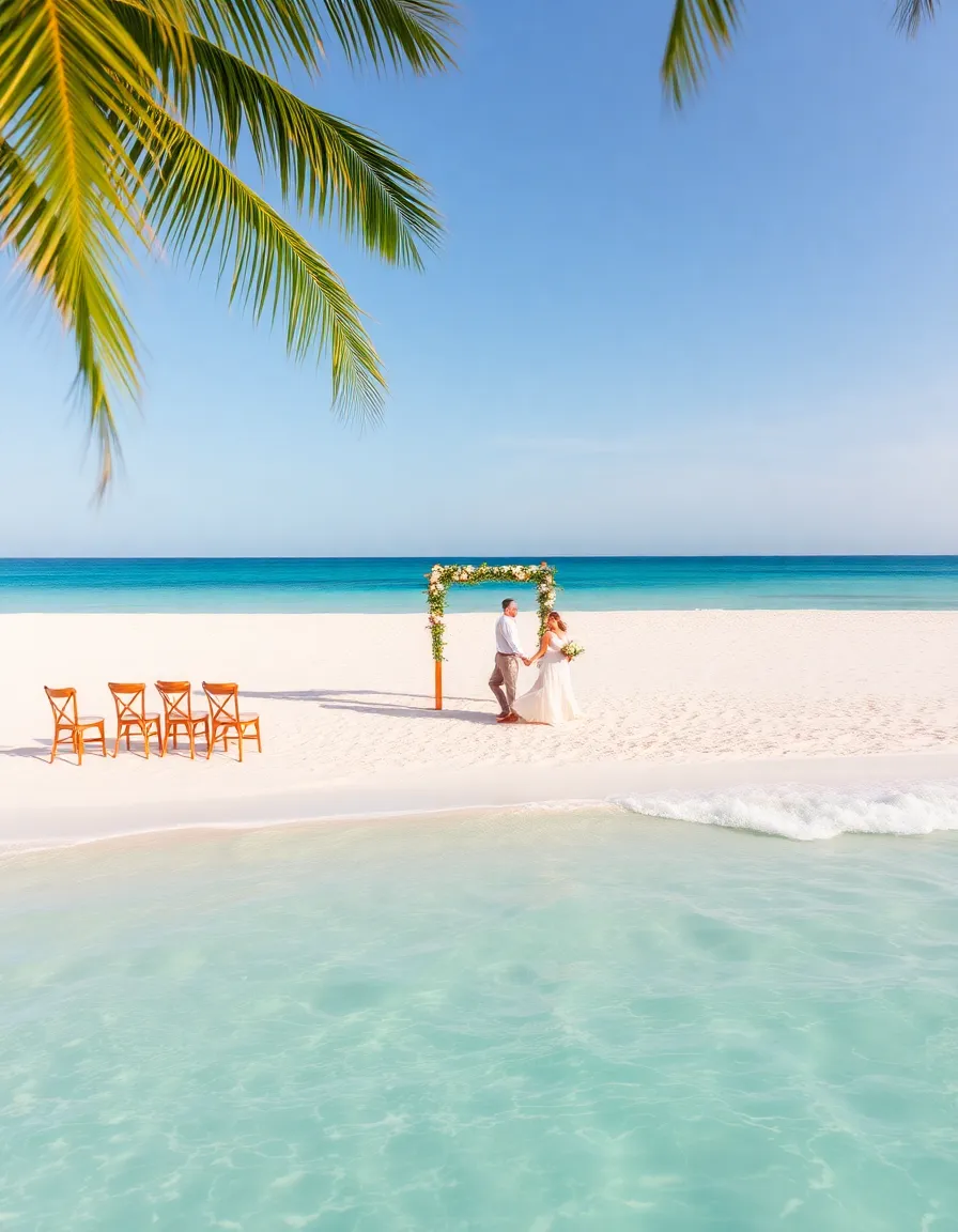 A secluded white sand beach with a few wooden chairs and a floral arch set up for a ceremony. A couple walks hand in hand along the shoreline, with turquoise water gently lapping at their feet. Palm trees frame the scene, swaying in the breeze.