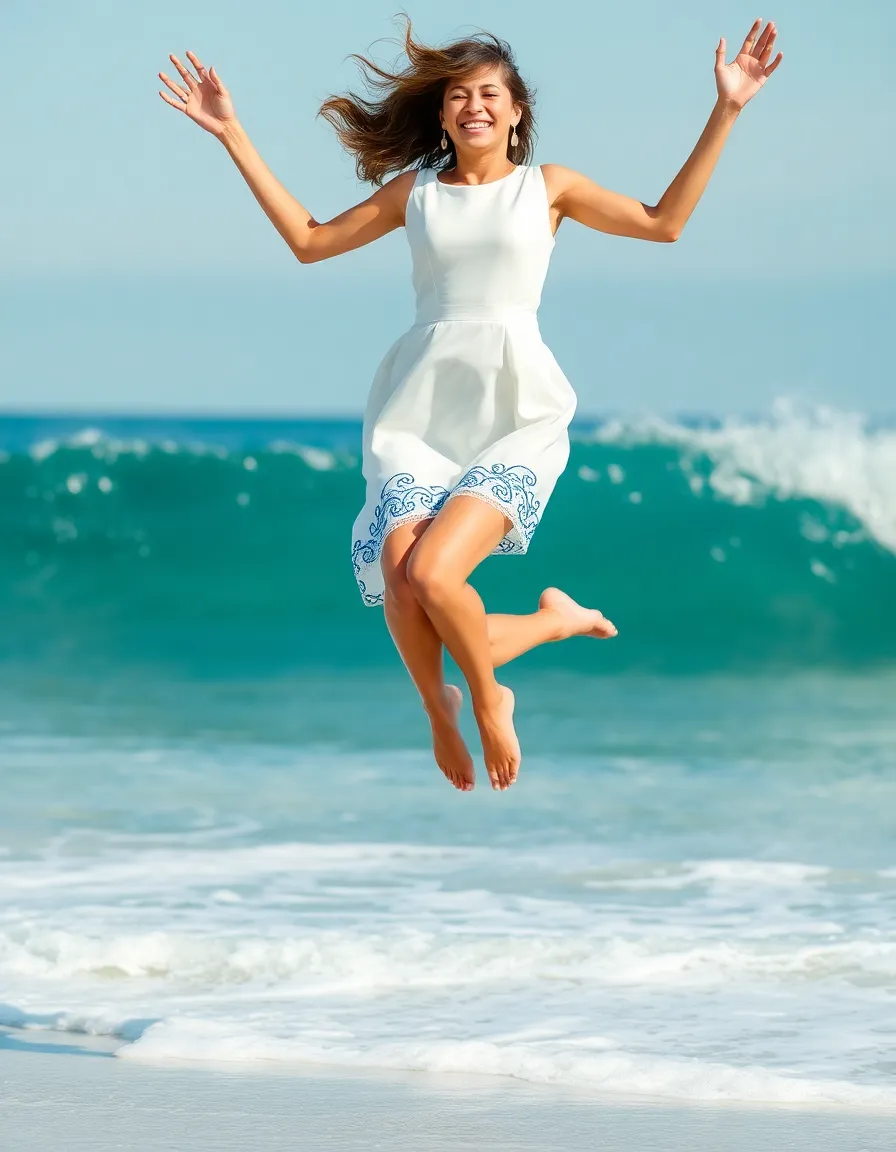 A bride jumping in the air in a white mini dress with blue embroidered waves along the hem. Her bare legs are sun-kissed, and her hair flies wildly around her. The ocean behind her is mid-wave, frozen in motion.