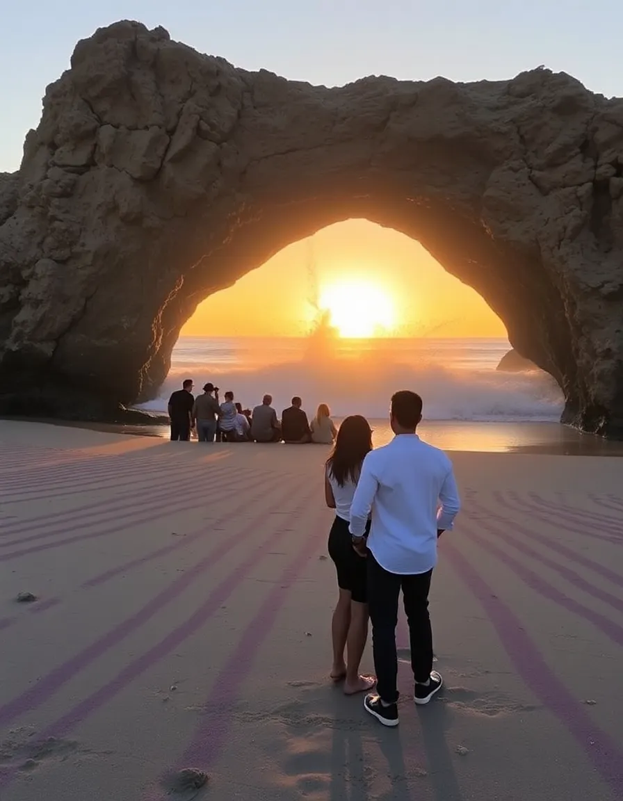 A couple standing near Pfeiffer Beach’s keyhole rock at golden hour, with streaks of purple visible in the sand beneath their feet. The ocean sprays dramatically through the rock formation.