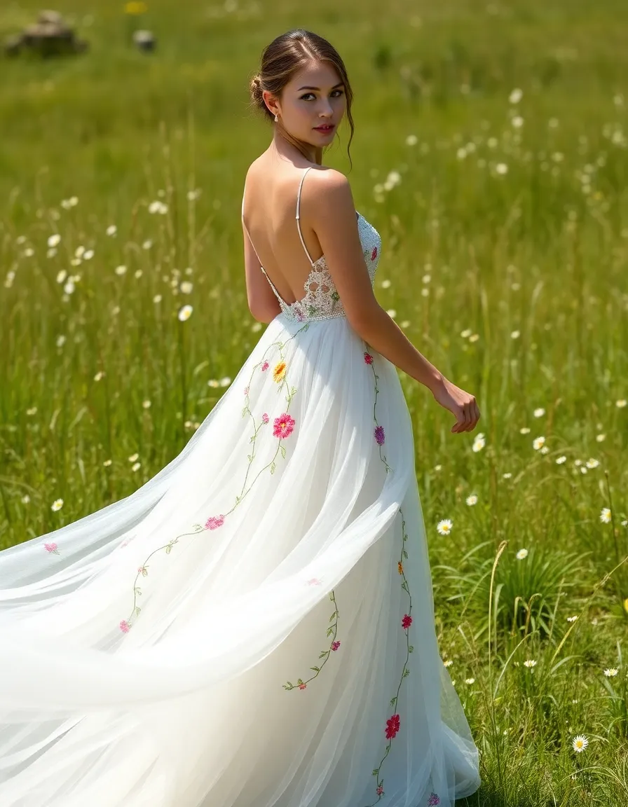 A model twirling in a lightweight tulle wedding dress adorned with colorful wildflower embroidery and trailing vines. The background is a sun-drenched meadow with tall grass and scattered daisies.