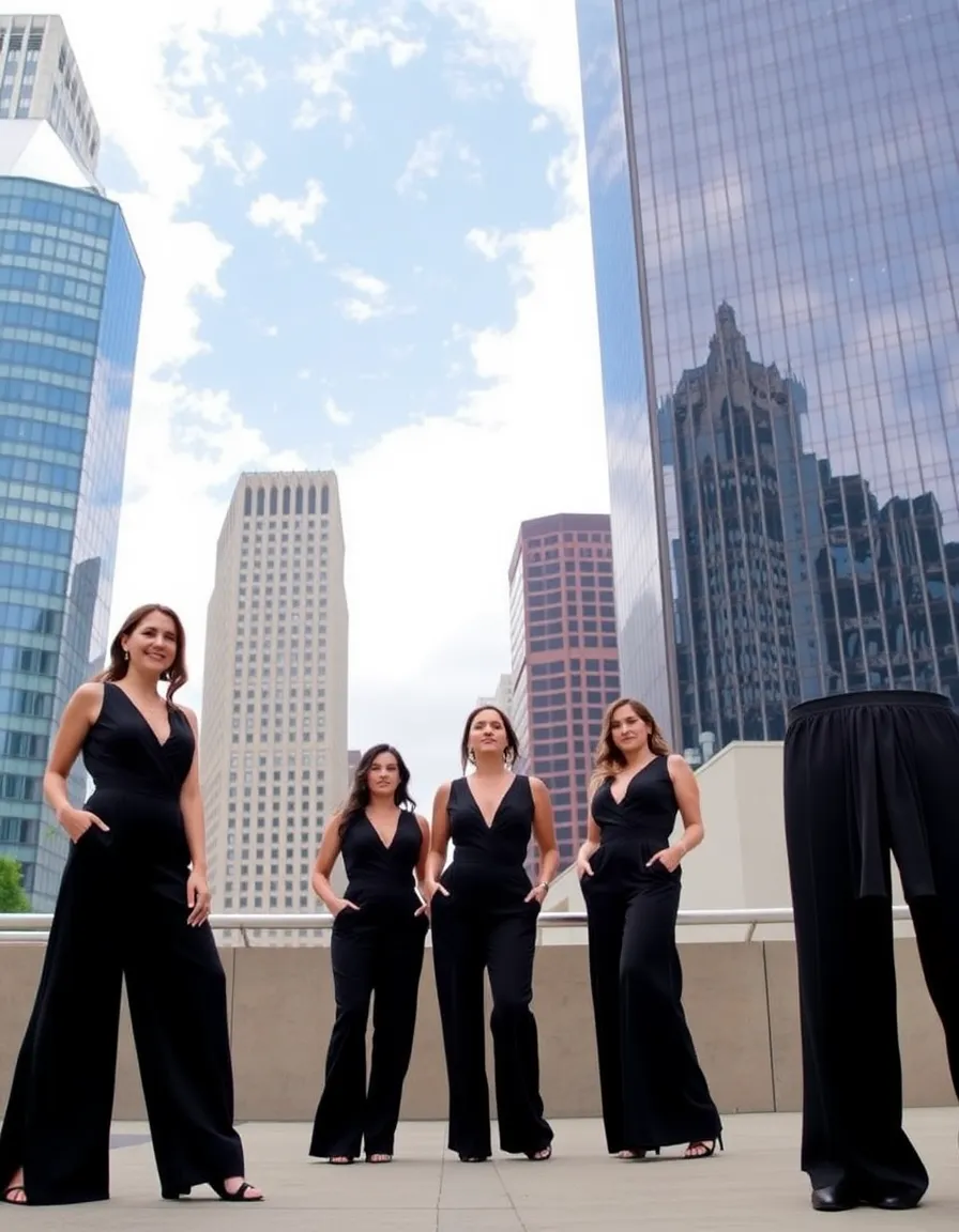 Bridesmaids in black wide-leg jumpsuits posing against a modern cityscape. The sharp tailoring and urban backdrop create a sleek, contemporary vibe.