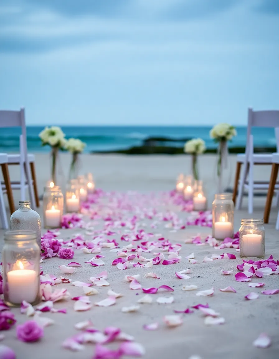 A sandy beach aisle lined with scattered flower petals and flickering candles in glass jars. The ocean breeze gently lifts a few petals, creating a dreamy, organic pathway.