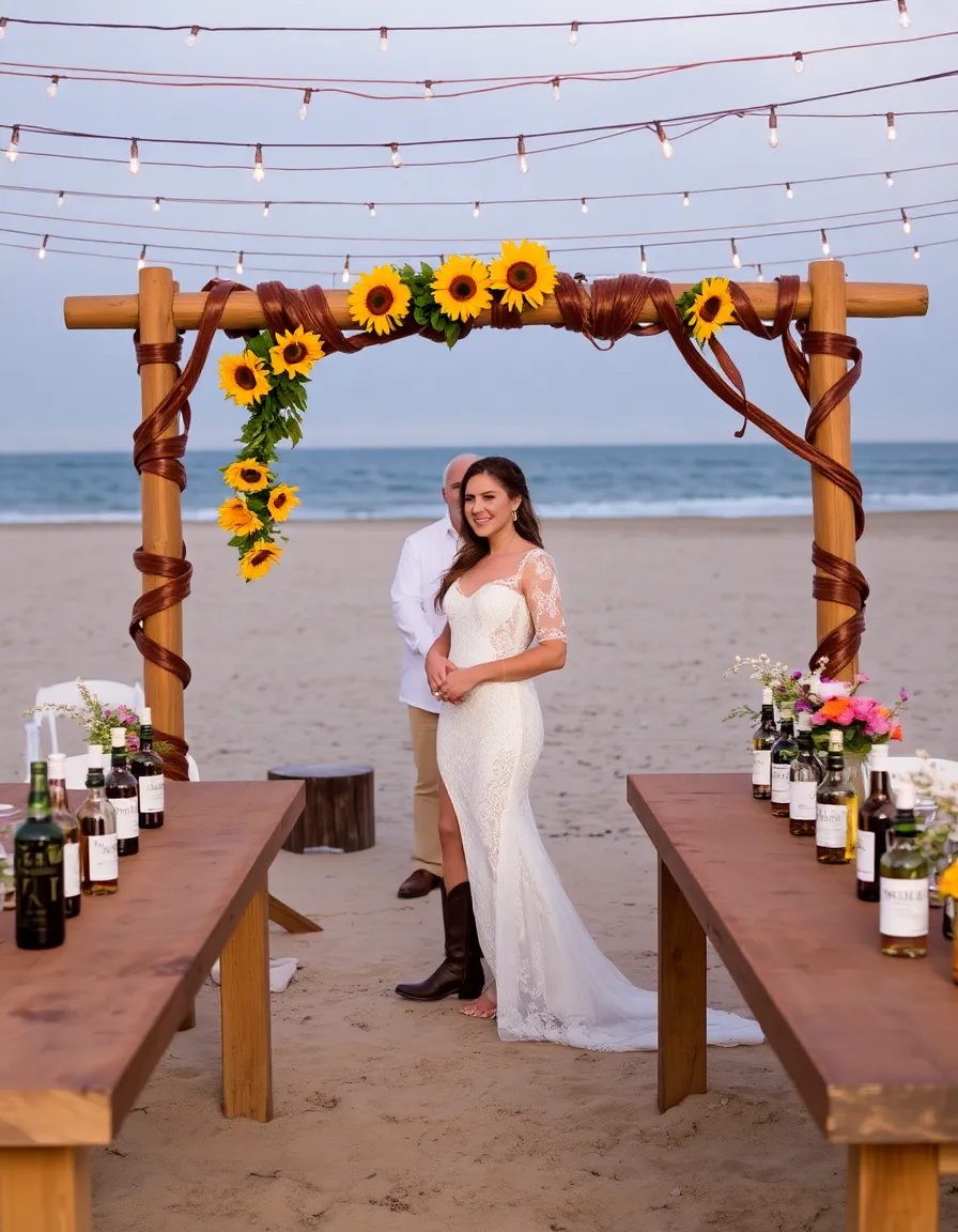 A beach wedding with a bride in a lace gown and cowboy boots, standing under a wooden arch wrapped in leather straps and sunflowers. The reception area features long wooden tables with whiskey bottles and wildflower centerpieces, all under a canopy of twinkling fairy lights.