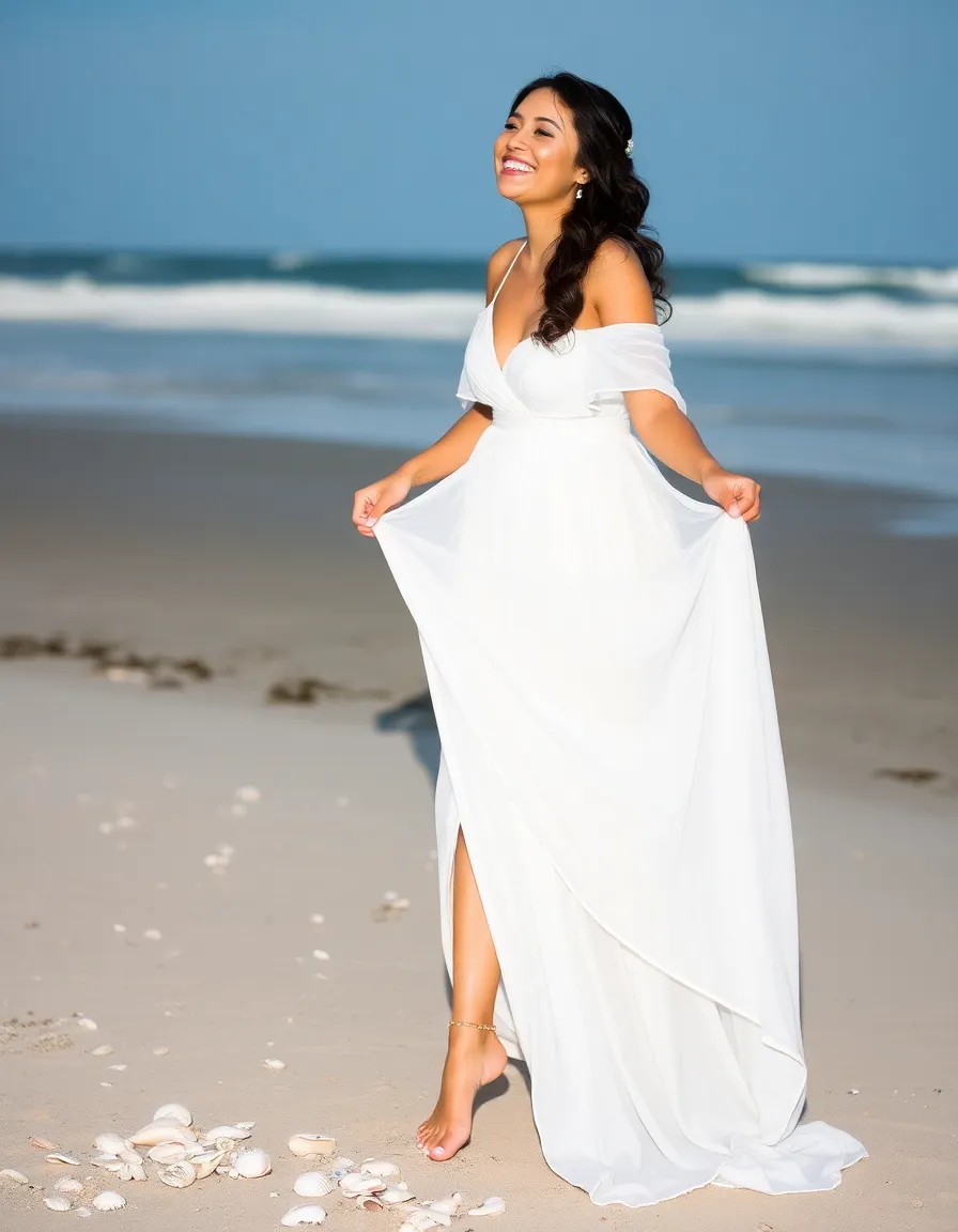 A bride laughing as she lifts the front of her high-low chiffon dress, revealing bare feet adorned with delicate anklets. The back of the dress cascades onto the sand, blending with seashells scattered nearby.
