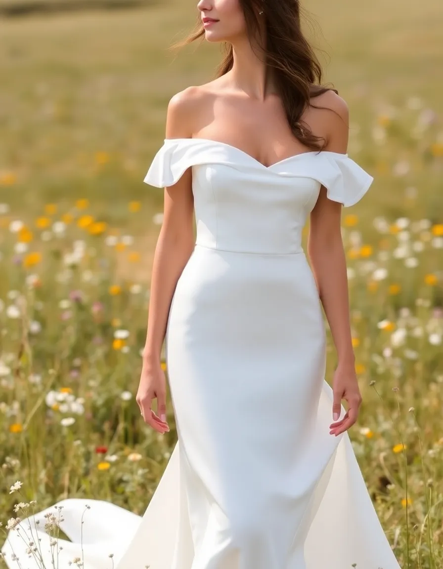 A bride in an off-shoulder silk gown with ruffled sleeves, standing in a field of wildflowers. The dress has a fitted bodice and a flowing skirt, with the silk catching the breeze.