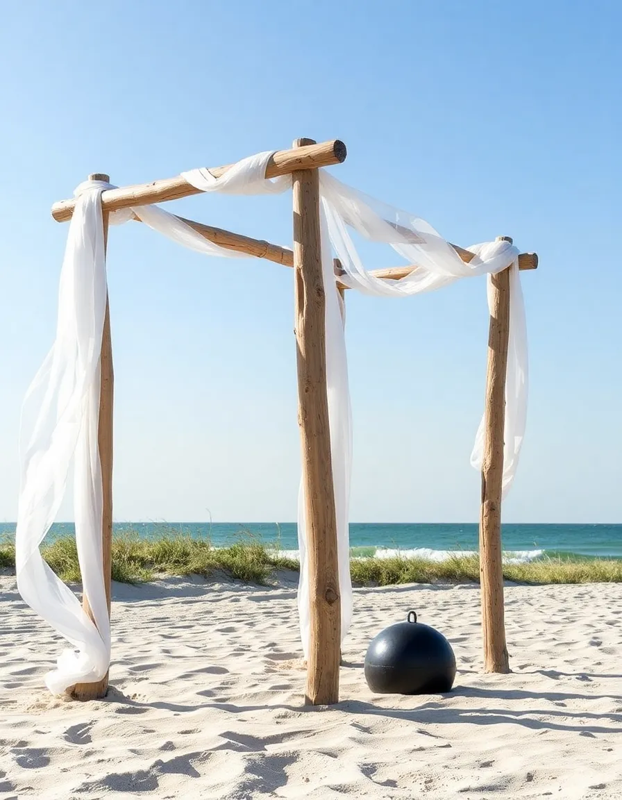 A solid wooden wedding arch decorated with flowing fabric and secured with heavy weights buried in the sand, standing strong against the breeze.