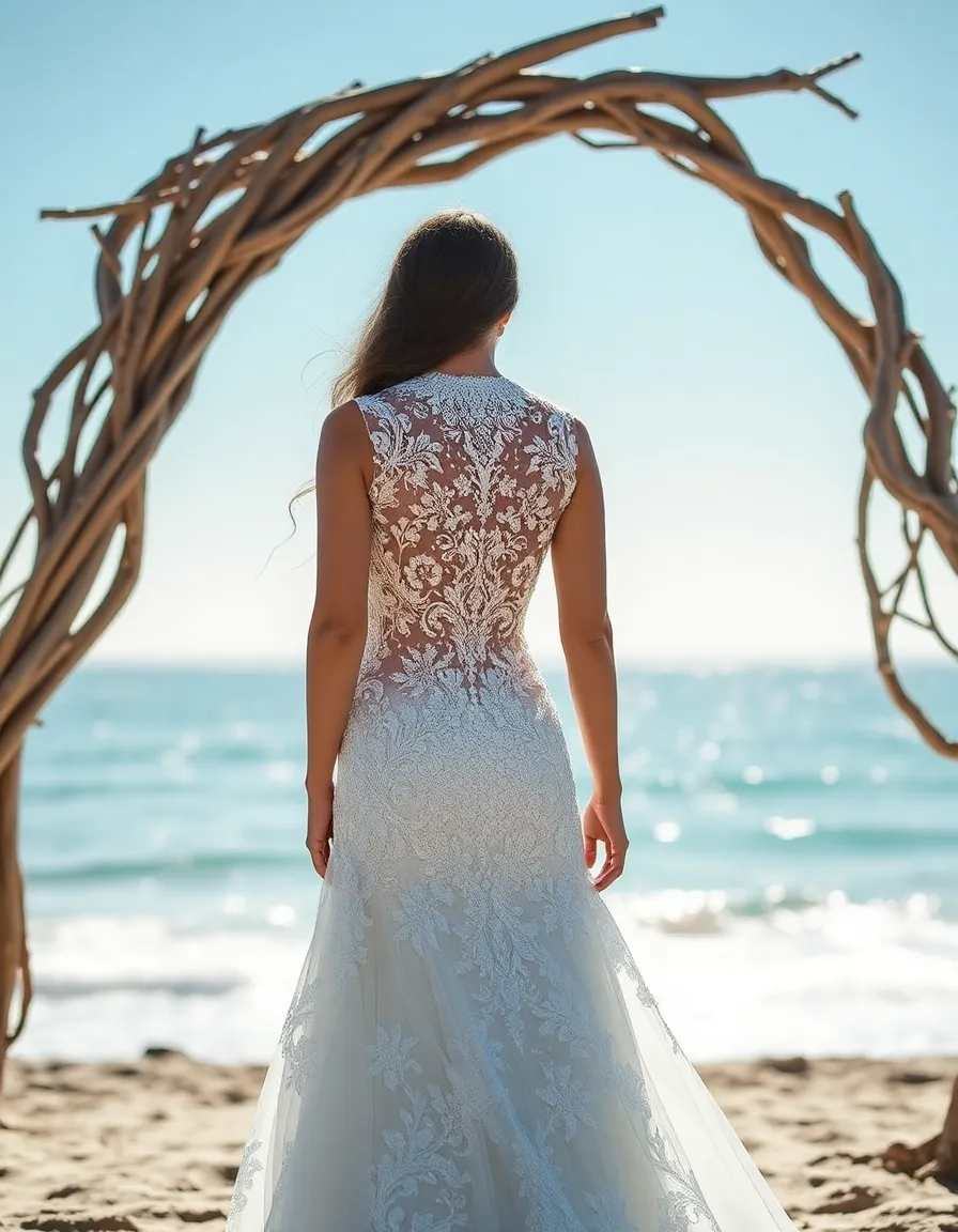 A bride in a high-neck illusion gown standing under a driftwood arch, the intricate lace details shimmering in the sunlight. The ocean stretches endlessly behind her, adding to the magical atmosphere.