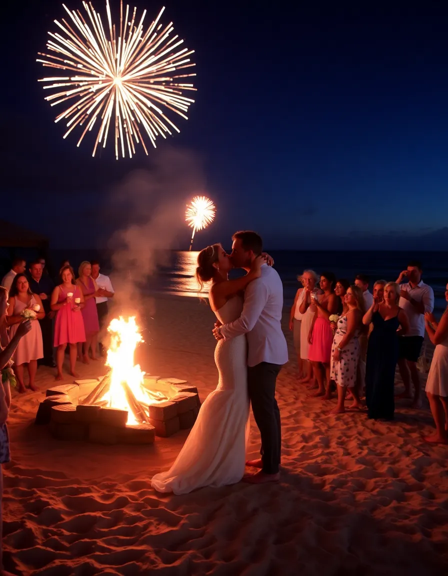 A bonfire-lit reception on the beach at Jewel Runaway Bay, with guests toasting marshmallows and dancing in the sand. The couple shares a kiss as fireworks explode over the ocean.