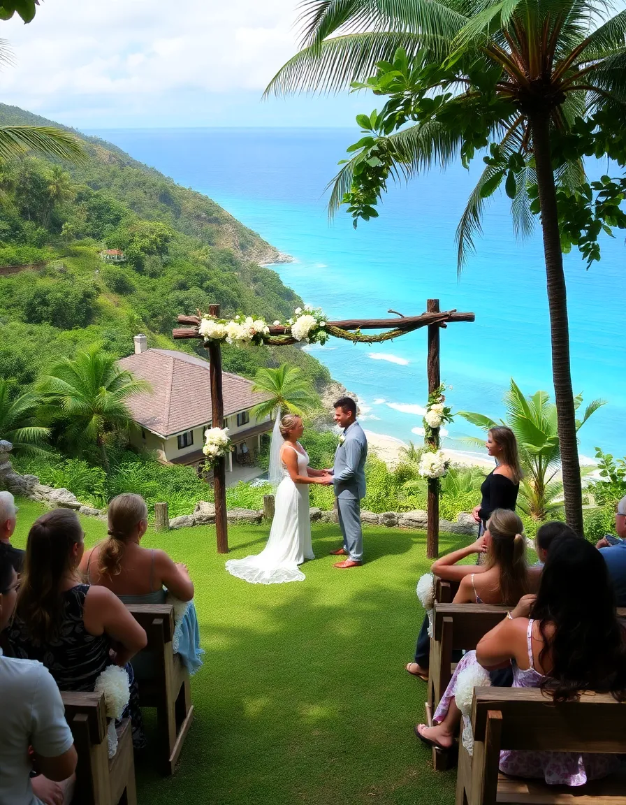 A small, charming hotel nestled on a hillside, surrounded by lush tropical greenery. A wooden arch decorated with white flowers stands on a grassy area overlooking the turquoise Caribbean Sea. Guests sit on rustic benches, smiling as the couple exchanges vows.