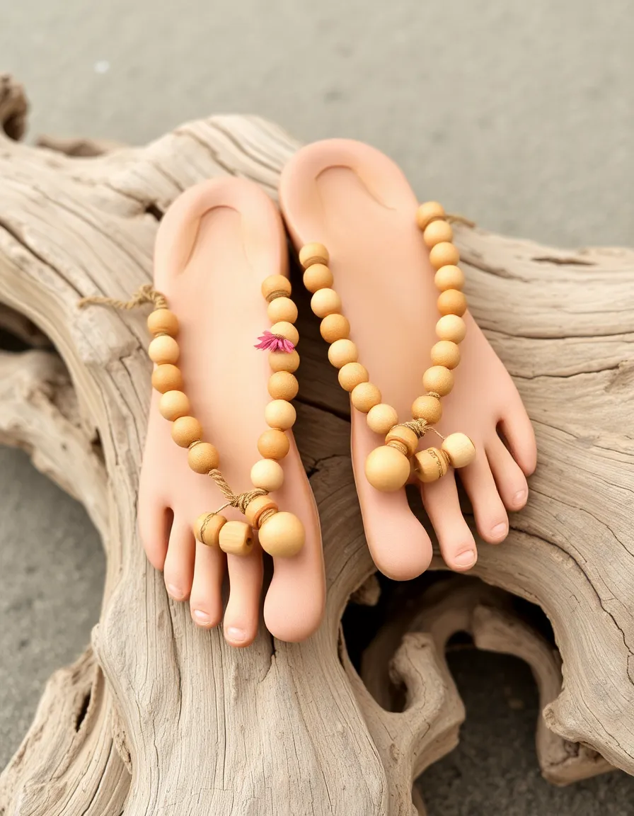 A pair of wooden bead barefoot sandals placed on a rough, weathered piece of driftwood. The beads are uneven in size, giving them an organic, artisanal feel.