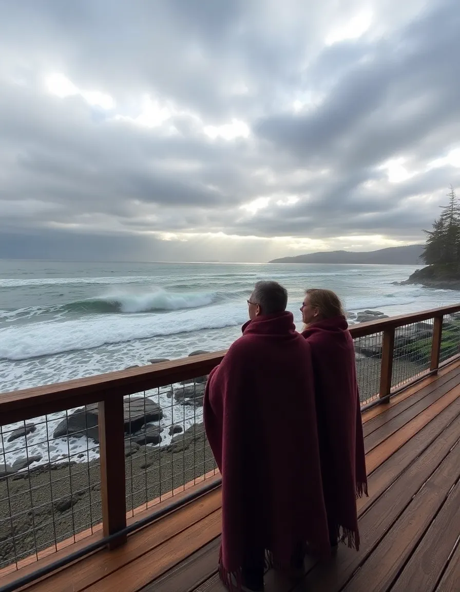 A wooden deck at Wickaninnish Inn, with a couple wrapped in blankets watching the stormy Pacific Ocean. The waves crash against the rocks below, and the sky is dramatic with dark clouds and streaks of sunlight breaking through.