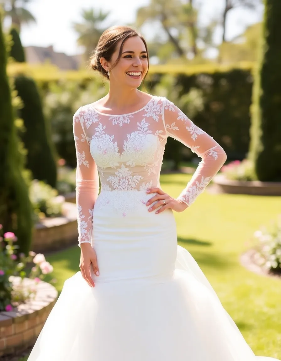 A bride in a fitted gown with a sheer, long-sleeve bodice adorned with intricate floral embroidery. The skirt is full and layered with soft tulle, and she’s standing in a sunlit garden, laughing with her hand on her hip.