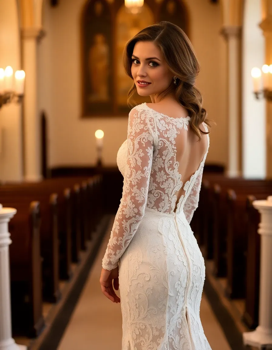 A sophisticated bride in a lace gown with a keyhole back, standing in a candlelit chapel. The dress has long sleeves and a high neckline in the front, with a dramatic lace-framed open back. Her hair is swept to one side, revealing the intricate detailing, and she’s looking over her shoulder with a sly smile.