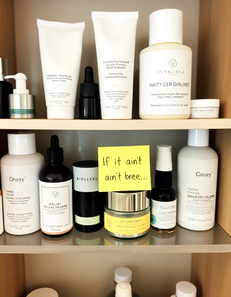A shelf holding a curated selection of gentle, familiar skincare products—no crazy acids or peels in sight. A sticky note reads, "If it ain’t broke…" in playful handwriting.