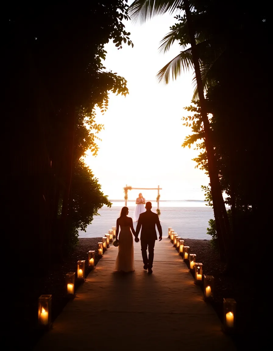 A lantern-lit pathway leading to a beach ceremony at Song Saa, with the jungle on one side and the ocean on the other. The couple walks hand-in-hand as the sun sets, casting a warm glow over the scene.