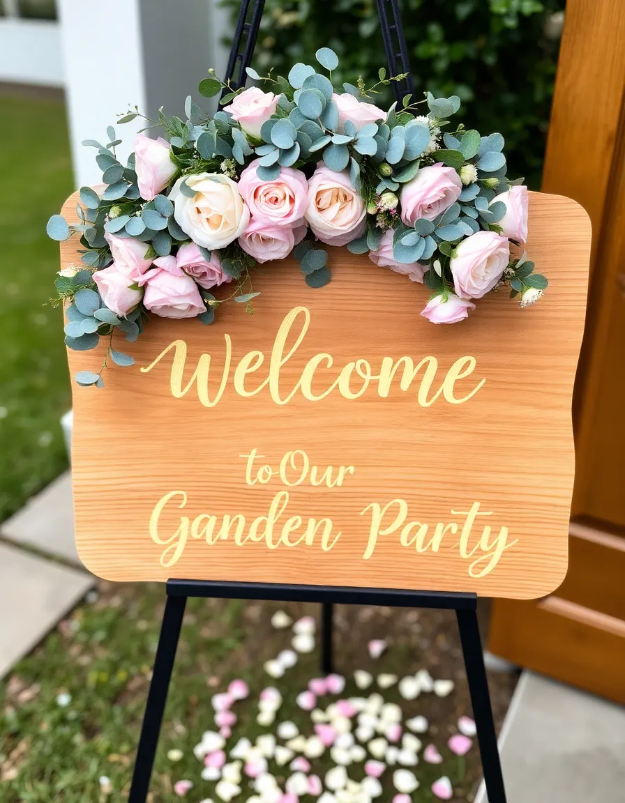 A wooden welcome sign adorned with a lush wreath of garden roses and eucalyptus. The words "Welcome to Our Garden Party" are painted in gold script, with petals scattered at the base.