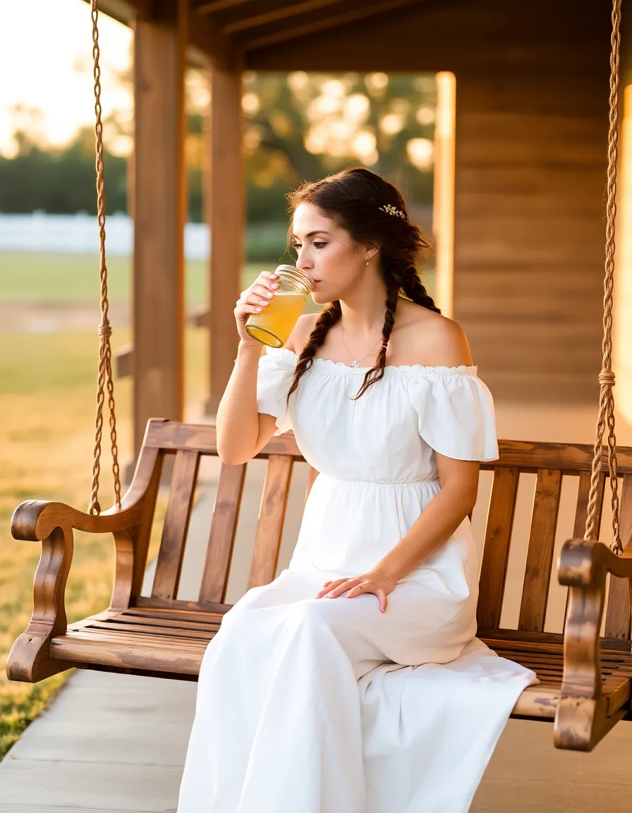 A bride sitting on a wooden porch swing in a soft white off-shoulder cotton dress, her hair in loose braids. She’s sipping lemonade from a mason jar, and the golden-hour light casts a warm glow over the scene.