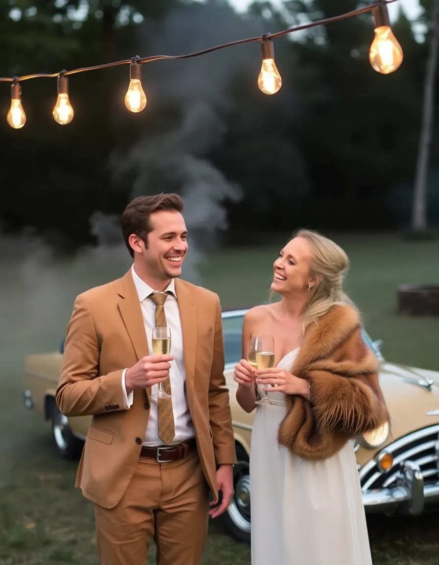 A couple laughing under a string of Edison bulbs, the groom in a vintage tan suit with a loosely knotted tie, the bride in a slip dress with a faux fur stole draped over her shoulders. They’re holding champagne glasses, and behind them, a smoky haze lingers from a nearby bonfire. A vintage convertible is parked in the background, its headlights softly glowing.