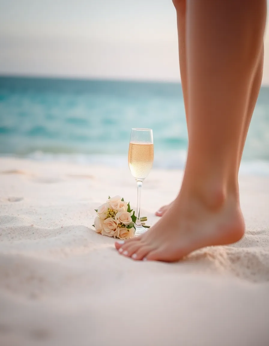 Close-up of bare feet walking on the blush-colored sand, with a champagne flute and simple floral bouquet resting nearby. The ocean is a gradient of blues, merging with the horizon.