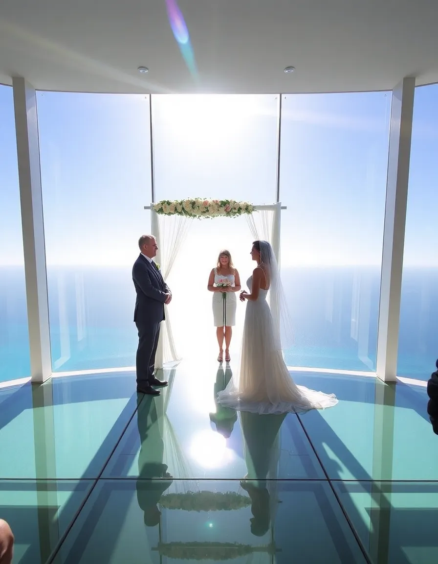 A wedding ceremony in Ocean Coral & Turquesa’s sky chapel, with the couple standing on a glass floor overlooking the ocean below. Sunlight streams through the chapel’s transparent walls, casting rainbow reflections.